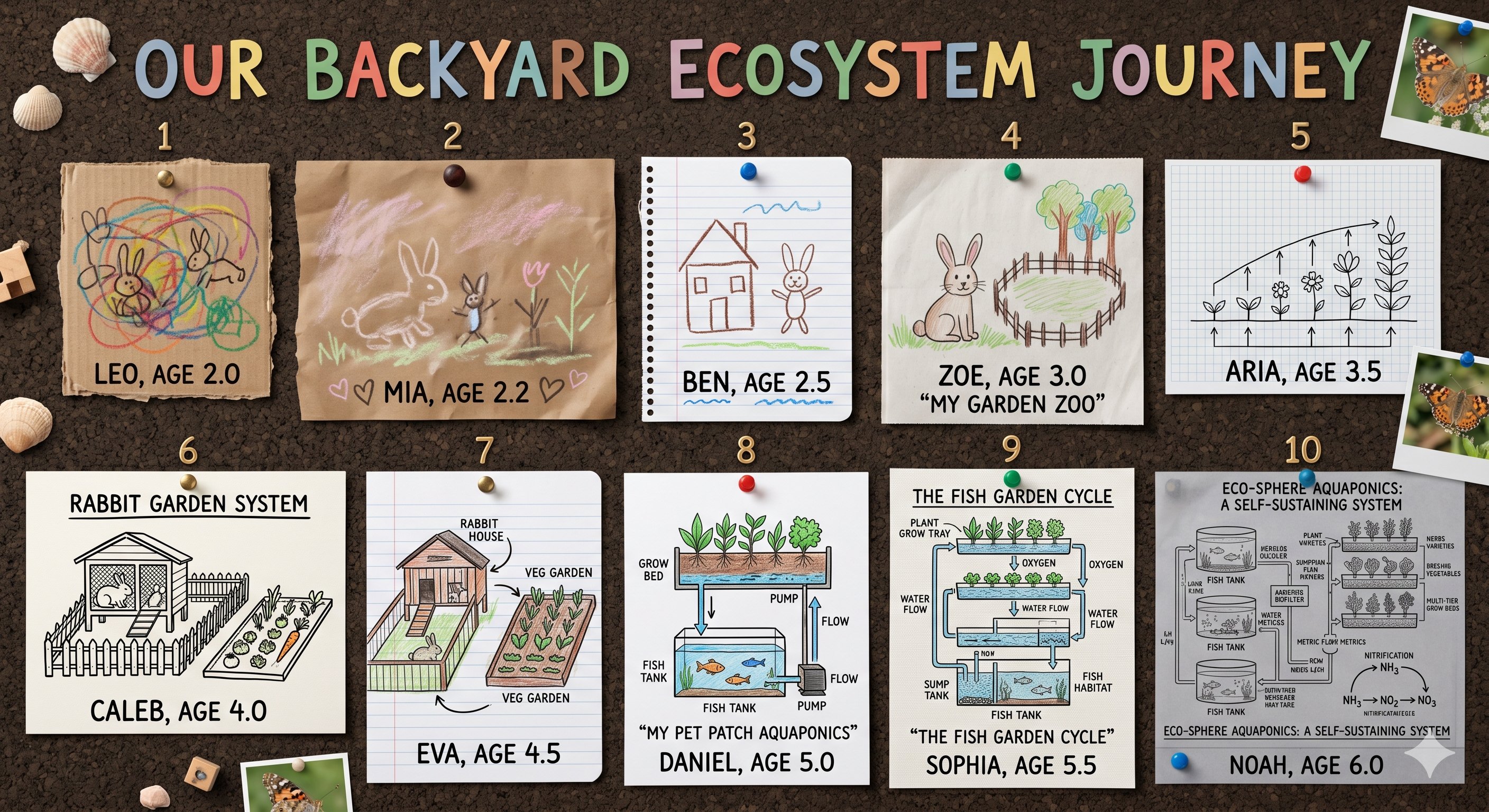 Kids drawings from scribbles at age 2 to aquaponics diagrams at age 6