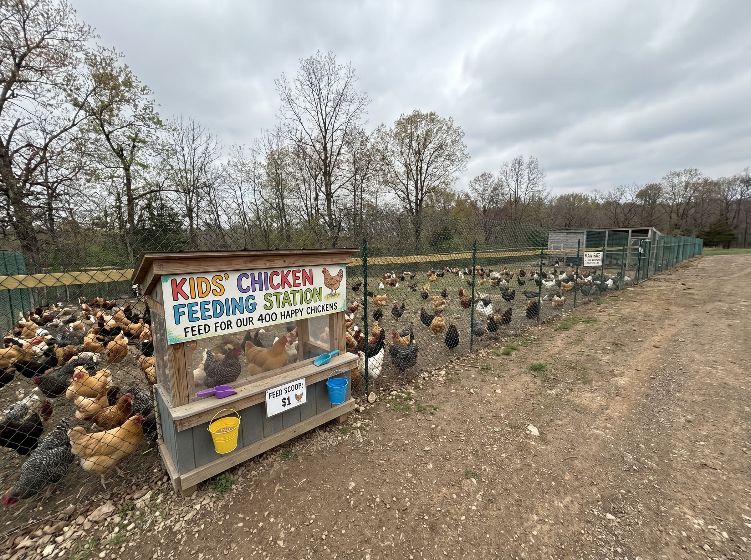 Kids chicken feeding station with 400 chickens in the run