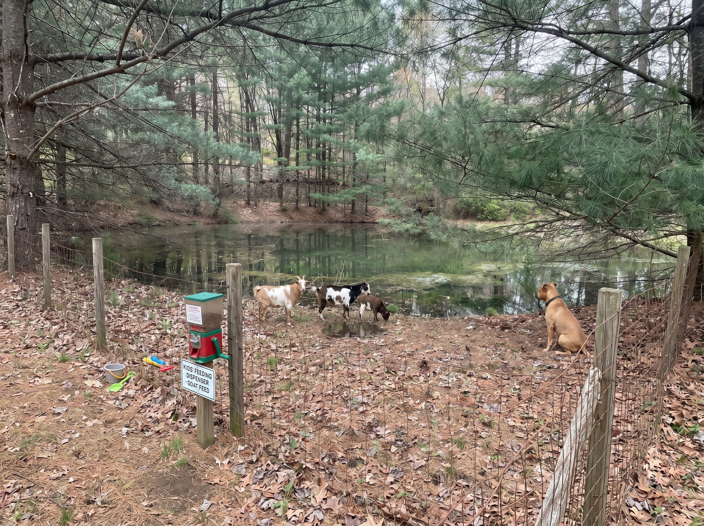 Three Nigerian dwarf goats by a pond with pine trees and a kids feeding dispenser