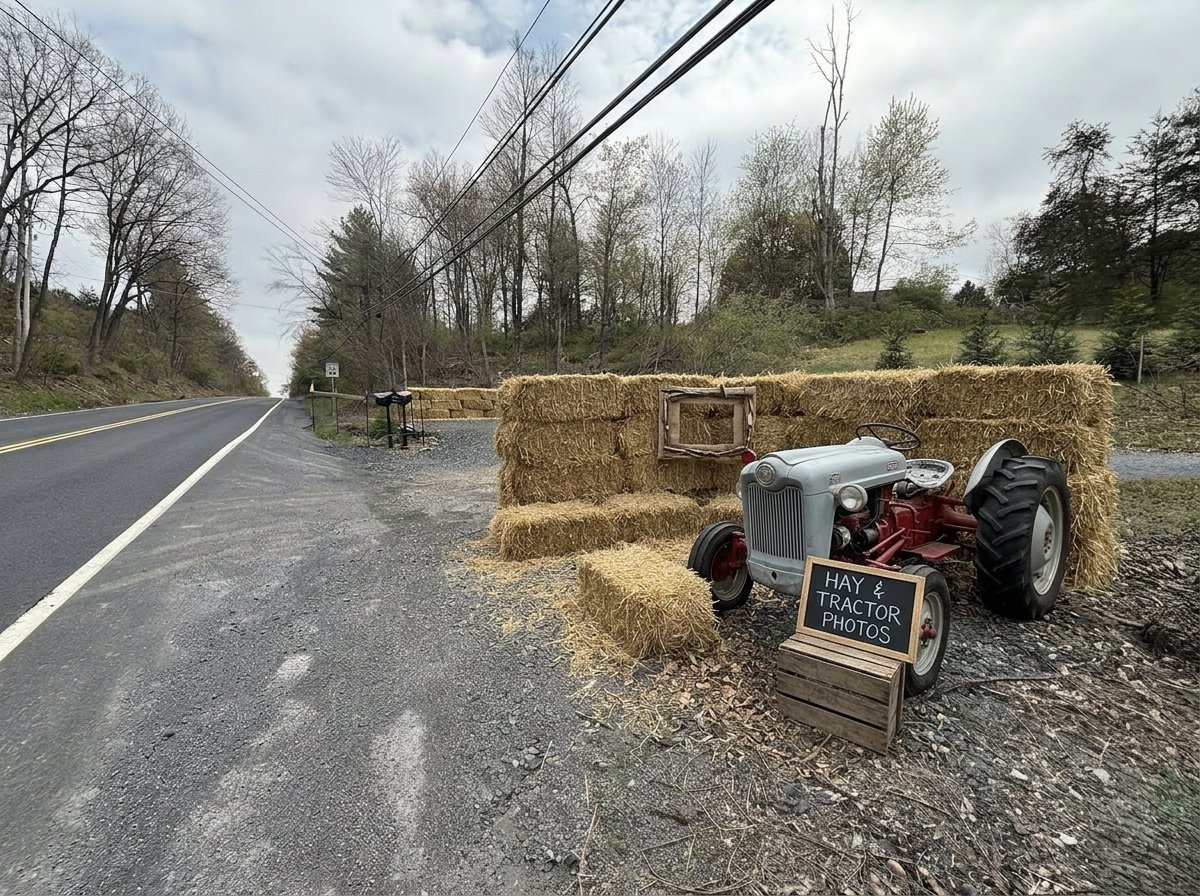 Vintage gray Ford tractor with hay bales and a Hay and Tractor Photos chalkboard sign