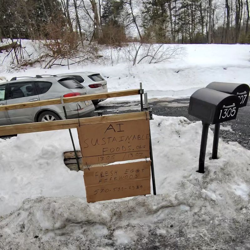 AI Sustainable Foods farm entrance on Route 115 Saylorsburg PA with handmade sign and mailboxes marking the property