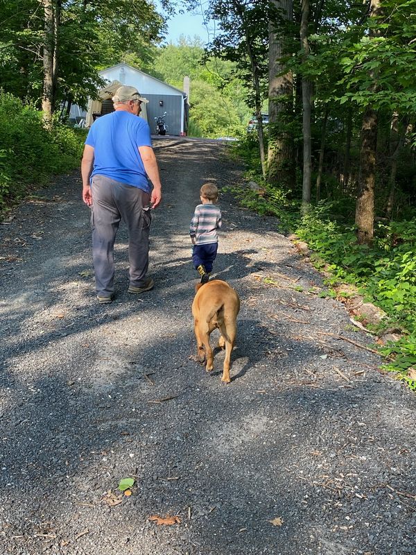 AI Sustainable Foods founder and son with farm dog standing on 18-acre property in Saylorsburg Pennsylvania showing cleared field and Pocono mountain background